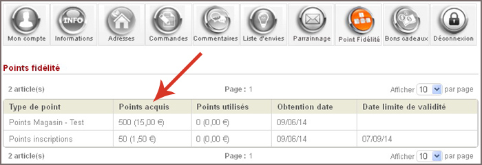 Detail des points fidelite